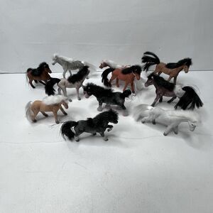 Vintage Lot of 10 Miniature Toy Flocked Horses Mini Fuzzy Felt Material Ponies